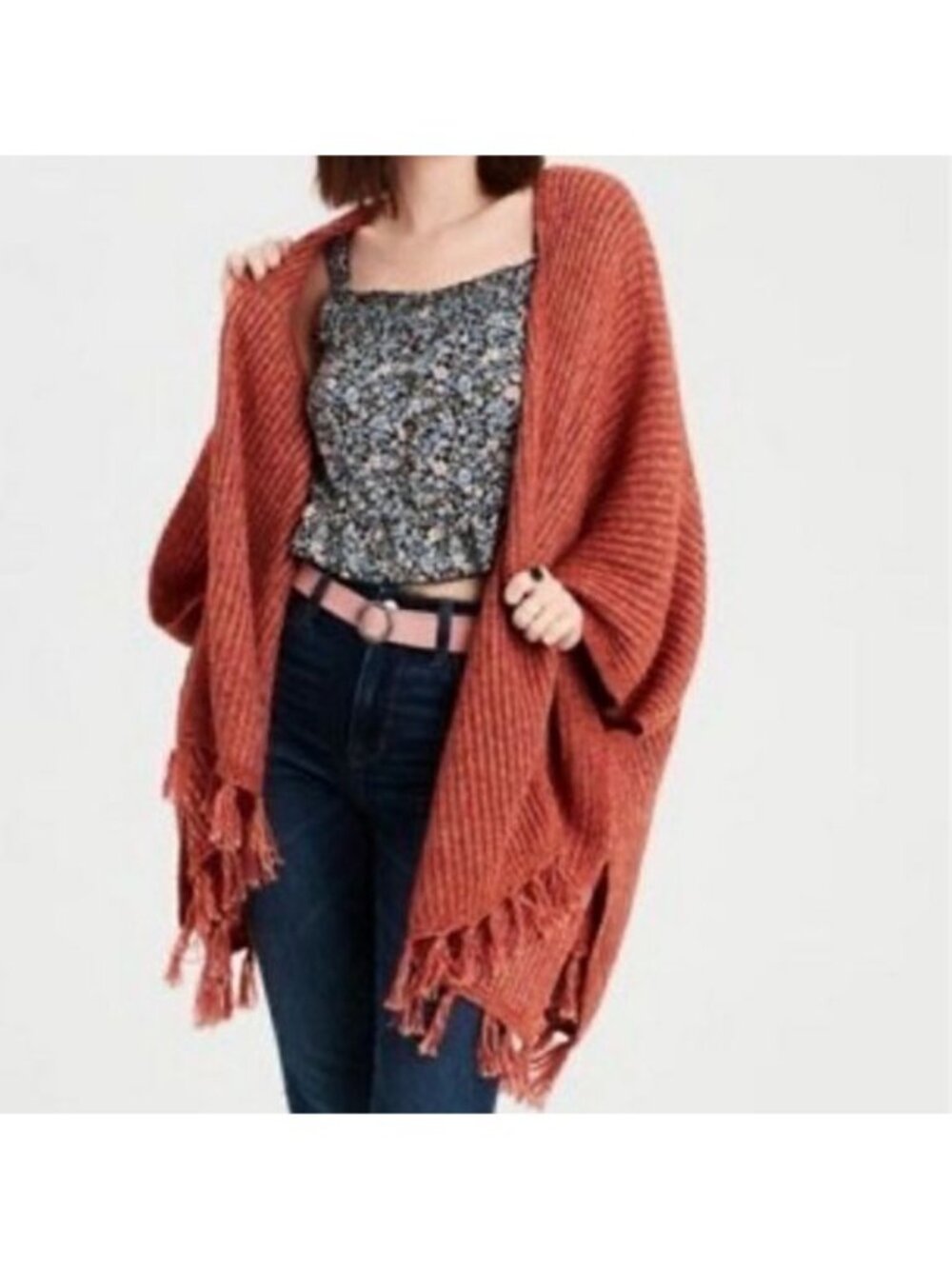 American Eagle Orange Knit Poncho Sweater Fringe Wrap Women's One Size Fits Most